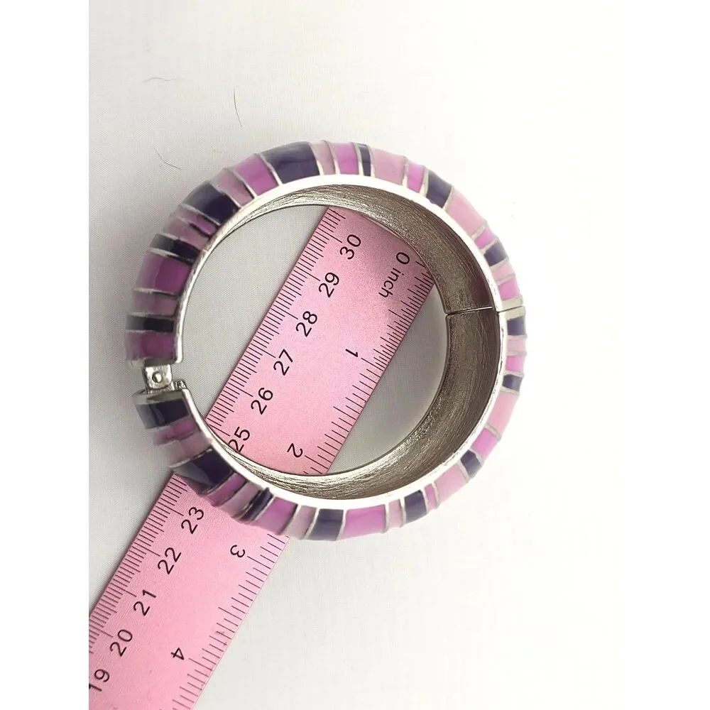 Clamper Cuff Bracelet Silver Tone Pink Purple Metal Chunky Domed 2